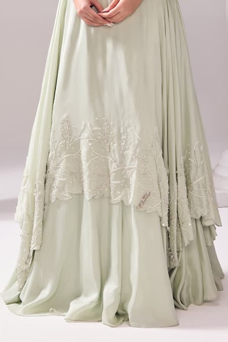 Shop_Jade By Ashima_Green Oxford, Net Pearls, Cut Work Austin Layered Embroidered Draped Lehenga Set _Online_at_Aza_Fashions