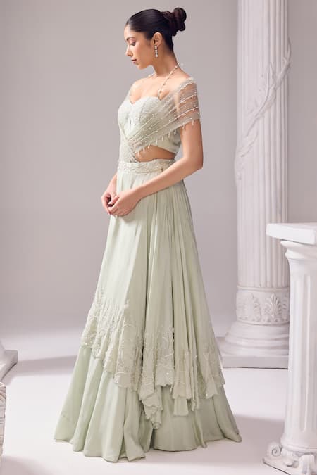 Jade By Ashima_Green Oxford, Net Pearls, Cut Work Austin Layered Embroidered Draped Lehenga Set _at_Aza_Fashions