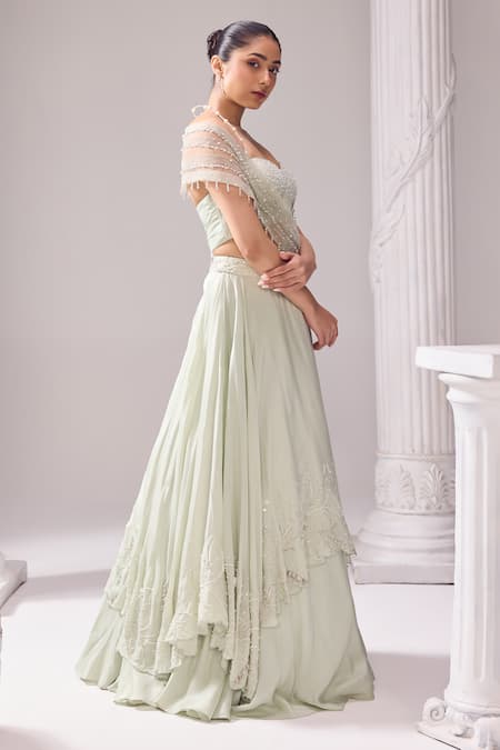 Buy_Jade By Ashima_Green Oxford, Net Pearls, Cut Work Austin Layered Embroidered Draped Lehenga Set 