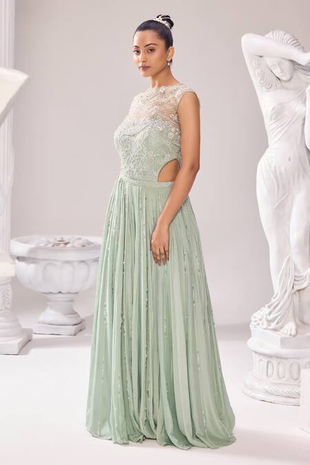 Jade By Ashima_Green Oxford, Net Pearls, Caroline Embroidered Corset Jumpsuit With Jacket _Online_at_Aza_Fashions