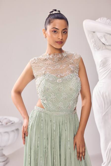 Shop_Jade By Ashima_Green Oxford, Net Pearls, Caroline Embroidered Corset Jumpsuit With Jacket _Online_at_Aza_Fashions