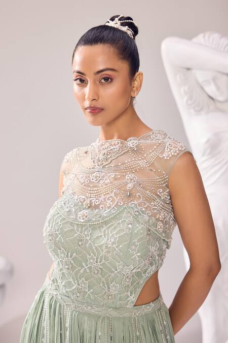 Jade By Ashima_Green Oxford, Net Pearls, Caroline Embroidered Corset Jumpsuit With Jacket _at_Aza_Fashions