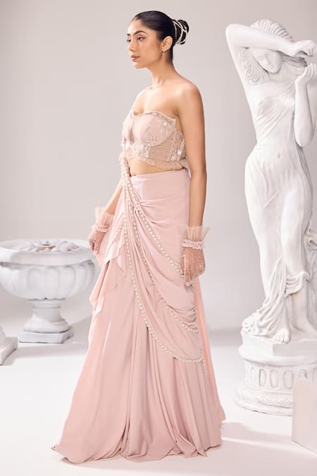 Buy_Jade By Ashima_Peach Net, Lycra Pearls, Cut Clara Embroidered Pre-draped Saree With Bustier _Online_at_Aza_Fashions