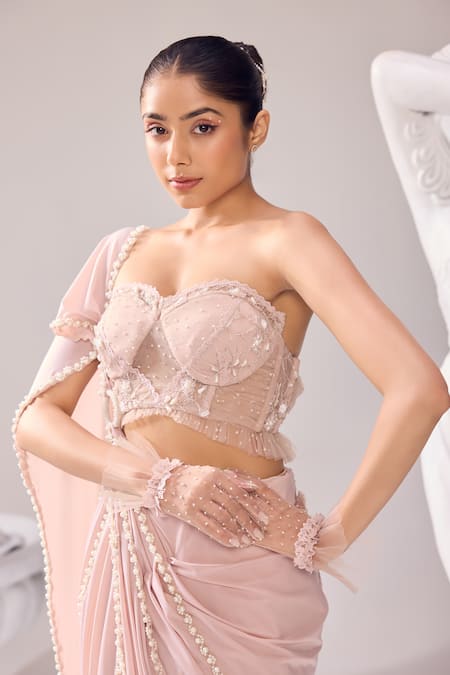 Jade By Ashima_Peach Net, Lycra Pearls, Cut Clara Embroidered Pre-draped Saree With Bustier _at_Aza_Fashions