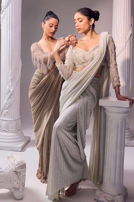 Jade By Ashima_Gold Silk, Net Embroidery, Crystals, Cut Work, Glits Metallic Saree With Blouse _Online_at_Aza_Fashions