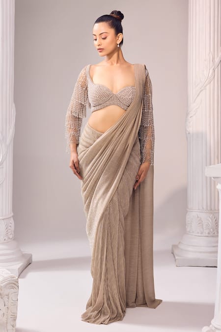 Buy_Jade By Ashima_Gold Silk, Net Embroidery, Crystals, Cut Work, Glits Metallic Saree With Blouse _Online_at_Aza_Fashions