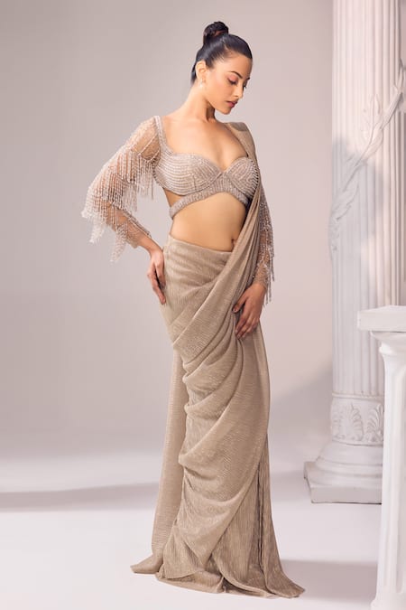 Shop_Jade By Ashima_Gold Silk, Net Embroidery, Crystals, Cut Work, Glits Metallic Saree With Blouse _Online_at_Aza_Fashions