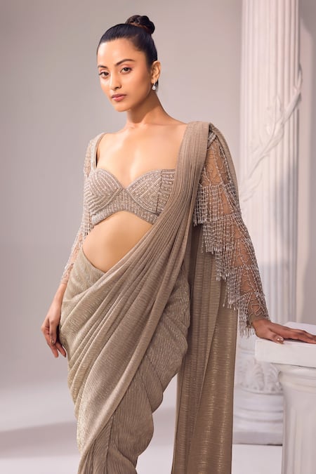 Jade By Ashima_Gold Silk, Net Embroidery, Crystals, Cut Work, Glits Metallic Saree With Blouse _at_Aza_Fashions