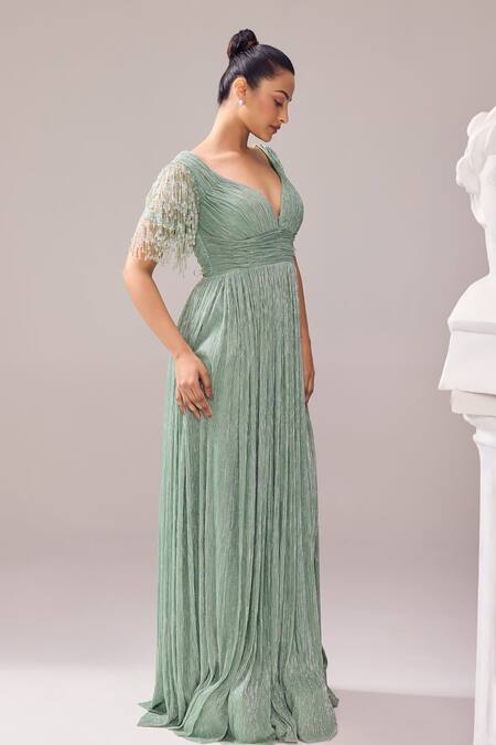 Shop_Jade By Ashima_Green Silk Tassels Sweetheart Neck Glory Crystal Embroidered Gown _Online_at_Aza_Fashions