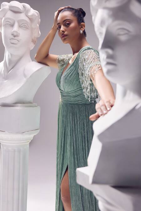 Jade By Ashima_Green Silk Tassels Sweetheart Neck Glory Crystal Embroidered Gown _at_Aza_Fashions