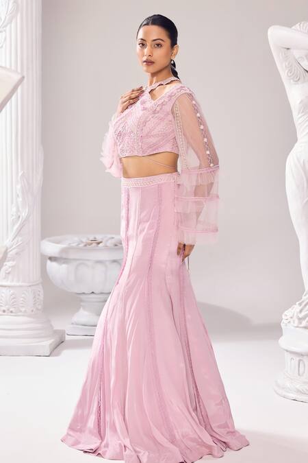 Buy_Jade By Ashima_Pink Crepe Lace, Harmony Fishcut Placement Embroidered Lehenga And Blouse Set _Online_at_Aza_Fashions