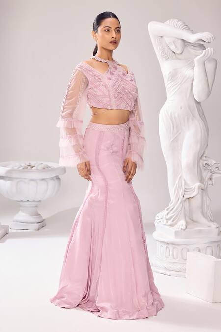 Shop_Jade By Ashima_Pink Crepe Lace, Harmony Fishcut Placement Embroidered Lehenga And Blouse Set _Online_at_Aza_Fashions