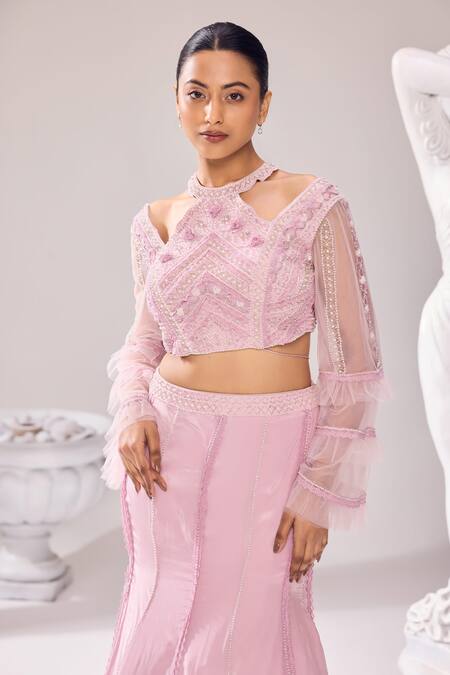 Jade By Ashima_Pink Crepe Lace, Harmony Fishcut Placement Embroidered Lehenga And Blouse Set _at_Aza_Fashions