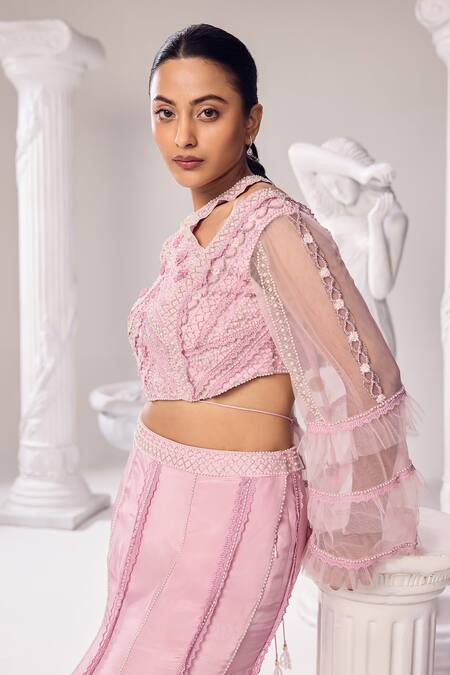 Buy_Jade By Ashima_Pink Crepe Lace, Harmony Fishcut Placement Embroidered Lehenga And Blouse Set 