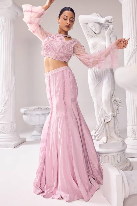 Shop_Jade By Ashima_Pink Crepe Lace, Harmony Fishcut Placement Embroidered Lehenga And Blouse Set 