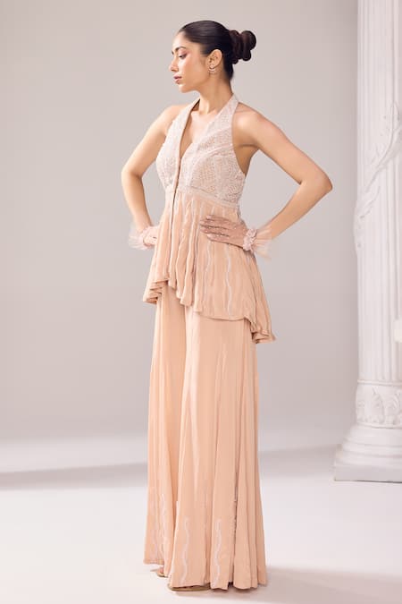 Jade By Ashima_Beige Crepe Pearls, Crystals, Cut Hiley Embroidered Peplum Top And Sharara Set _Online_at_Aza_Fashions