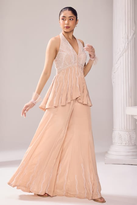 Buy_Jade By Ashima_Beige Crepe Pearls, Crystals, Cut Hiley Embroidered Peplum Top And Sharara Set _Online_at_Aza_Fashions