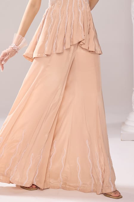 Shop_Jade By Ashima_Beige Crepe Pearls, Crystals, Cut Hiley Embroidered Peplum Top And Sharara Set _Online_at_Aza_Fashions