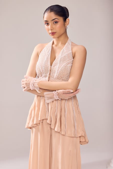 Jade By Ashima_Beige Crepe Pearls, Crystals, Cut Hiley Embroidered Peplum Top And Sharara Set _at_Aza_Fashions
