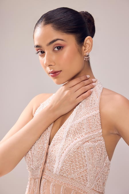 Buy_Jade By Ashima_Beige Crepe Pearls, Crystals, Cut Hiley Embroidered Peplum Top And Sharara Set 