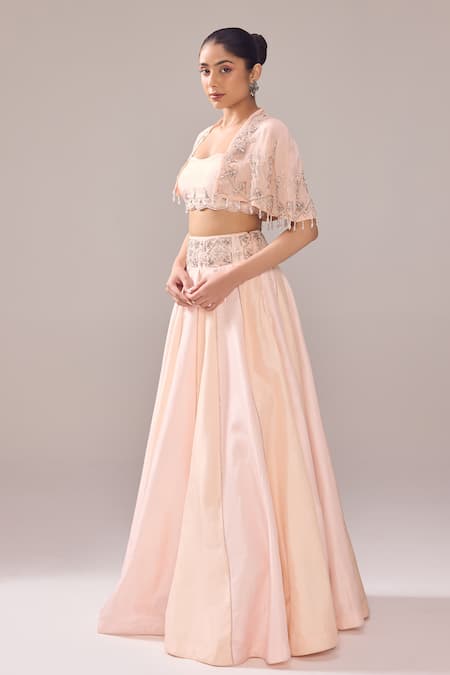 Buy_Jade By Ashima_Pink Oxford Pearls, Crystals, Cut Work, Embroidery Margaret Cape Lehenga Set _Online_at_Aza_Fashions