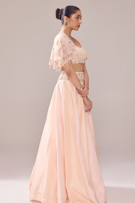 Shop_Jade By Ashima_Pink Oxford Pearls, Crystals, Cut Work, Embroidery Margaret Cape Lehenga Set _Online_at_Aza_Fashions