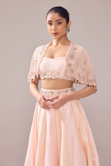 Jade By Ashima_Pink Oxford Pearls, Crystals, Cut Work, Embroidery Margaret Cape Lehenga Set _at_Aza_Fashions