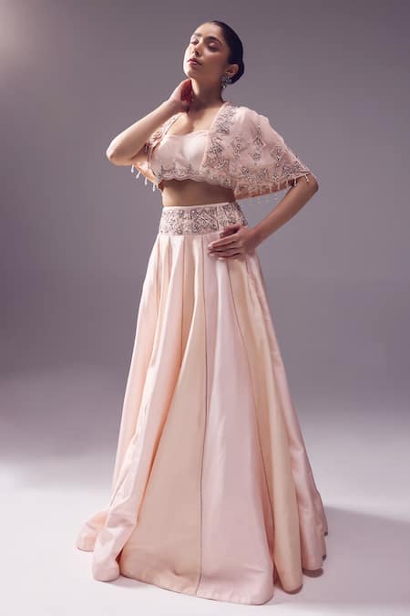Buy_Jade By Ashima_Pink Oxford Pearls, Crystals, Cut Work, Embroidery Margaret Cape Lehenga Set 