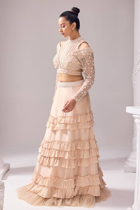 Jade By Ashima_Peach Oxford Crystals, Cut Work, Pearls, Mollie Crop Top And Skirt Set _Online_at_Aza_Fashions