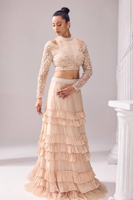 Buy_Jade By Ashima_Peach Oxford Crystals, Cut Work, Pearls, Mollie Crop Top And Skirt Set _Online_at_Aza_Fashions