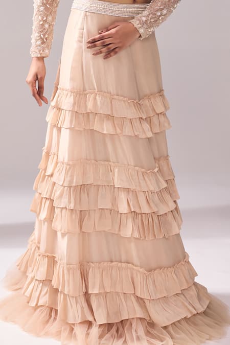 Shop_Jade By Ashima_Peach Oxford Crystals, Cut Work, Pearls, Mollie Crop Top And Skirt Set _Online_at_Aza_Fashions