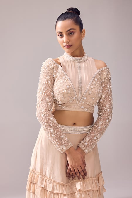 Jade By Ashima_Peach Oxford Crystals, Cut Work, Pearls, Mollie Crop Top And Skirt Set _at_Aza_Fashions