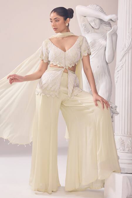 Buy_Jade By Ashima_Green Chiffon, Organza Cut Work, Olivia Embroidered Peplum Top Sharara Set _Online_at_Aza_Fashions