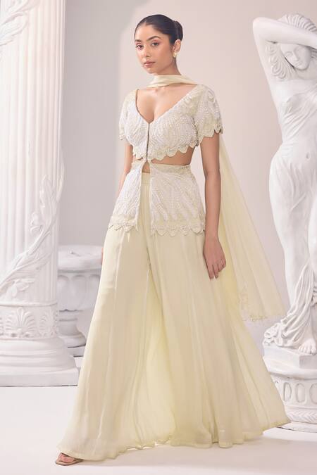 Shop_Jade By Ashima_Green Chiffon, Organza Cut Work, Olivia Embroidered Peplum Top Sharara Set _Online_at_Aza_Fashions