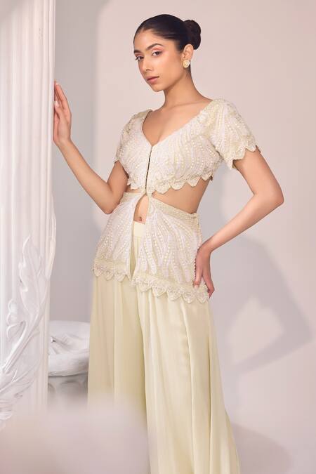Buy_Jade By Ashima_Green Chiffon, Organza Cut Work, Olivia Embroidered Peplum Top Sharara Set 