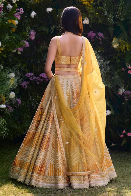 Shop_Shyam Narayan Prasad_Yellow Silk, Chiffon Tassels, Embroidery, Zari Sweetheart Lehenga Set With Belt _at_Aza_Fashions