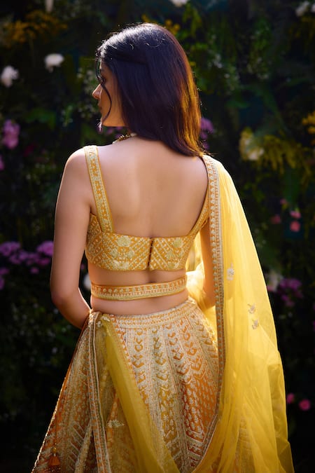 Buy_Shyam Narayan Prasad_Yellow Silk, Chiffon Tassels, Embroidery, Zari Sweetheart Lehenga Set With Belt 