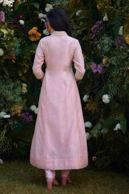 Shop_Shyam Narayan Prasad_Pink Silk, Chanderi Embroidery Shawl Neck Angrakha And Pant Set _at_Aza_Fashions