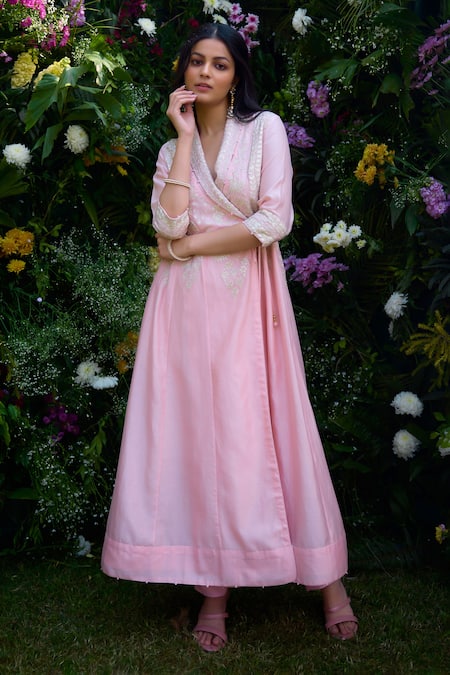 Shyam Narayan Prasad_Pink Silk, Chanderi Embroidery Shawl Neck Angrakha And Pant Set _Online_at_Aza_Fashions