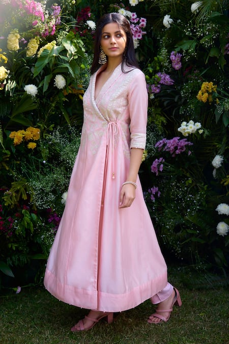 Buy_Shyam Narayan Prasad_Pink Silk, Chanderi Embroidery Shawl Neck Angrakha And Pant Set _Online_at_Aza_Fashions