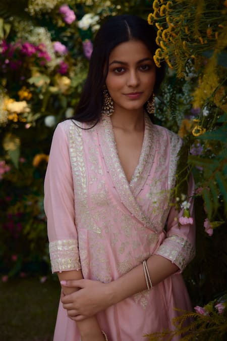Shyam Narayan Prasad_Pink Silk, Chanderi Embroidery Shawl Neck Angrakha And Pant Set _at_Aza_Fashions