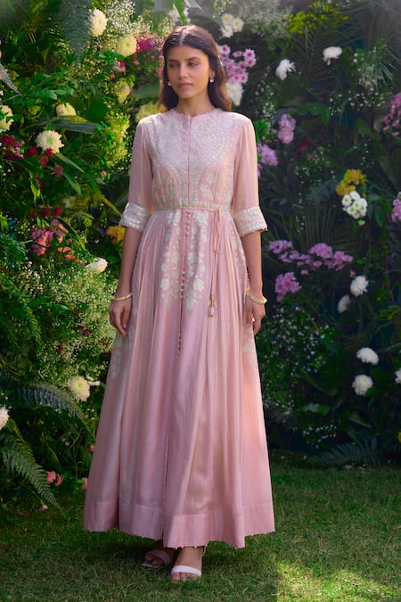 Shyam Narayan Prasad_Pink Silk, Chanderi, Organza, Georgette Embroidery High Neck Anarkali Pant Set _Online_at_Aza_Fashions