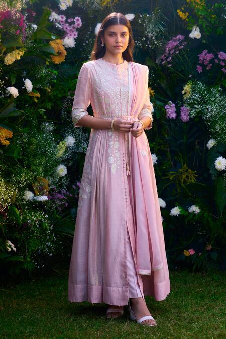 Buy_Shyam Narayan Prasad_Pink Silk, Chanderi, Organza, Georgette Embroidery High Neck Anarkali Pant Set _Online_at_Aza_Fashions