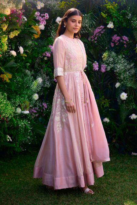 Shop_Shyam Narayan Prasad_Pink Silk, Chanderi, Organza, Georgette Embroidery High Neck Anarkali Pant Set _Online_at_Aza_Fashions