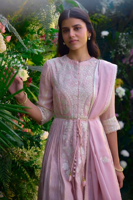 Shyam Narayan Prasad_Pink Silk, Chanderi, Organza, Georgette Embroidery High Neck Anarkali Pant Set _at_Aza_Fashions