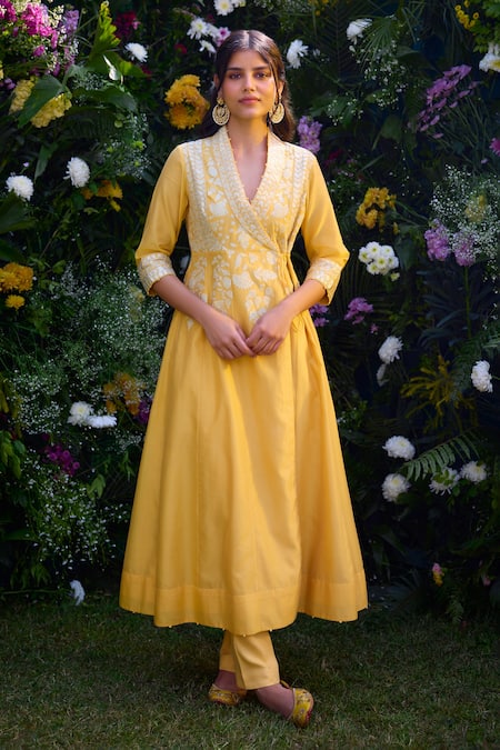 Shyam Narayan Prasad Yellow Chanderi And Rayon Twill Patchwork Embroidered Floral Angrakha And Pant Set 