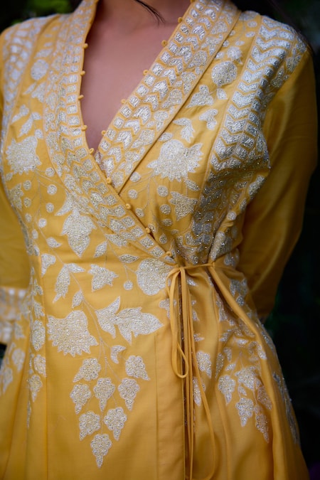 Shyam Narayan Prasad_Yellow Chanderi, Rayon Embroidery Shawl Neck Floral Angrakha And Pant Set _Online_at_Aza_Fashions