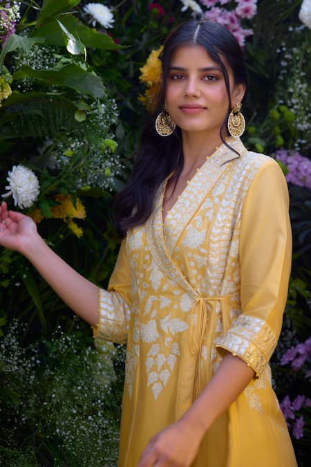 Buy_Shyam Narayan Prasad_Yellow Chanderi, Rayon Embroidery Shawl Neck Floral Angrakha And Pant Set _Online_at_Aza_Fashions