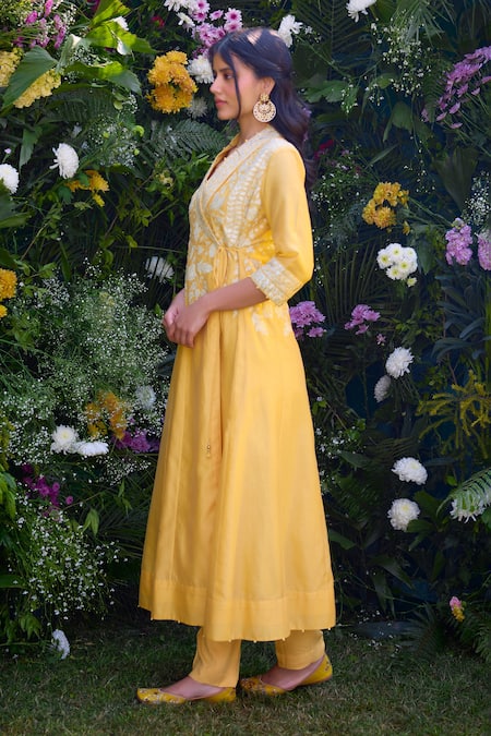 Shop_Shyam Narayan Prasad_Yellow Chanderi, Rayon Embroidery Shawl Neck Floral Angrakha And Pant Set _Online_at_Aza_Fashions