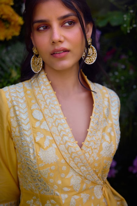 Shyam Narayan Prasad_Yellow Chanderi, Rayon Embroidery Shawl Neck Floral Angrakha And Pant Set _at_Aza_Fashions